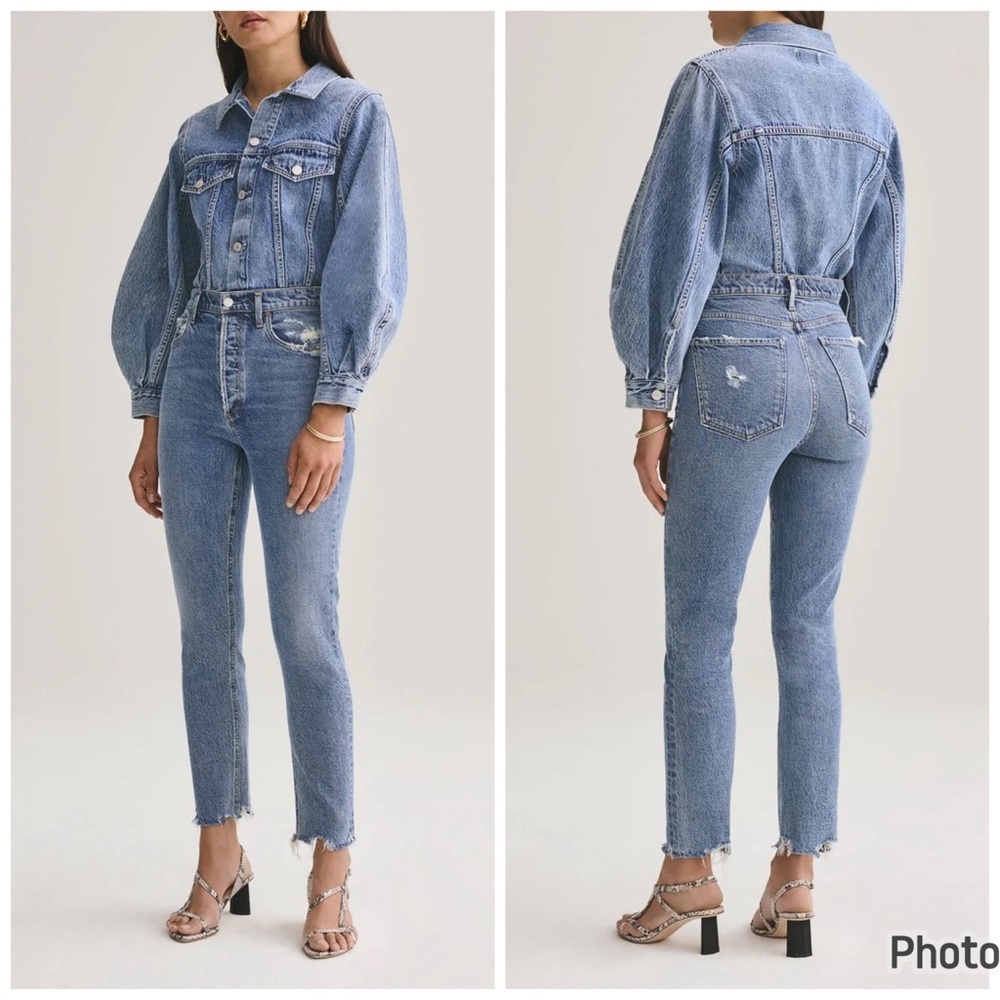 Agolde Nico High Rise Slim Fit In Rooted Blue Jeans Distressed Raw Hem‎ Sz 28